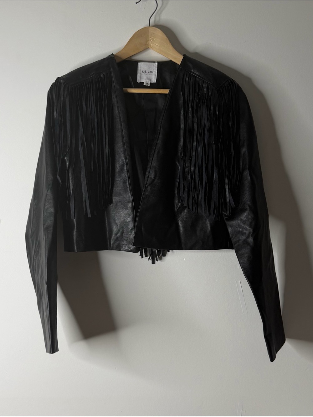 Le Lis Black Leather Fringe Cropped Jacket